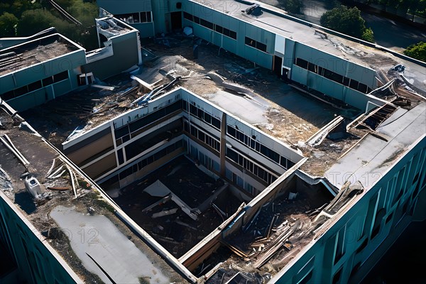 Neglected hospital section with collapsed roof elements, AI generated, hospital, damage, abandoned, ruin, decrepit