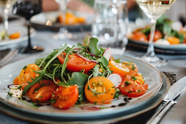 Elegant salad with ripe tomatoes, arugula, and pumpkin seeds on fine dining tableware, AI generated