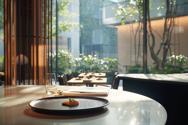 An elegant dish on a wooden table in a modern restaurant bathed in warm, natural light, AI generated