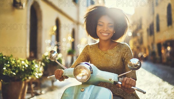 Smiling woman riding a retro scooter during the golden hour on a picturesque italian street, blurry moody landscaped background with bokeh effect, AI generated