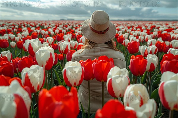 Woman in a hat facing a stunning field of red and white tulips under a cloudy sky, AI generated