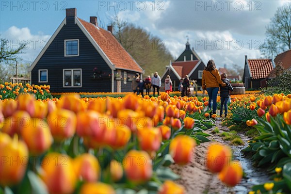 People walking by a vibrant path lined with orange and yellow tulips, Dutch houses in the backdrop, AI generated