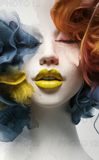 Contemplative female portrait with double exposure and yellow lips against blue floral background, Vertical digital portrait illustration, AI generated