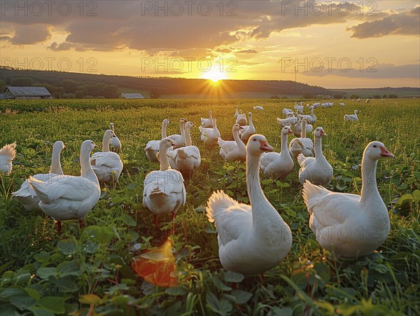 Geese in a field, in the background a bright sunrise and dramatic sky, AI generated, AI generated, AI generated