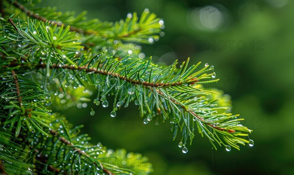 Closeup view on cedar branch in rain drops, bokeh background AI generated