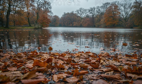 The lake covered of fallen leaves, nature background AI generated