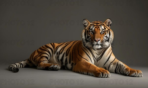 A Bengal tiger elegantly posing in front of a neutral backdrop AI generated