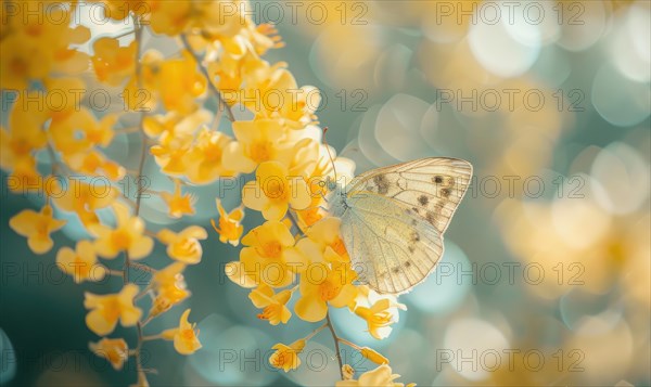 A close-up of a butterfly resting on a laburnum blossom AI generated