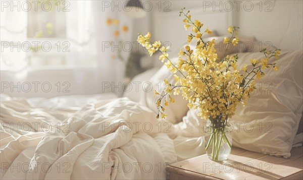 A dreamy bedroom setting with a vase of Mimosa flowers placed on a bedside table AI generated