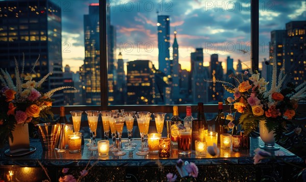 A stylish cocktail bar setup at a rooftop party AI generated