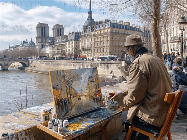 Strassenkuenstler bei der Arbeit an einem Gemaelde der Notre-Dame in Paris, Lifestyle in Paris, Frankreich, AI generiert, AI generated