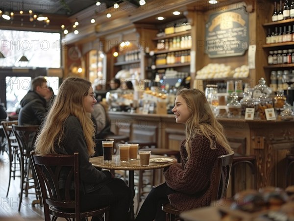 Zwei Menschen laecheln sich in einem gemuetlichen Cafe mit warmem Ambiente an, Lifestyle in Paris, Frankreich, AI generiert, AI generated