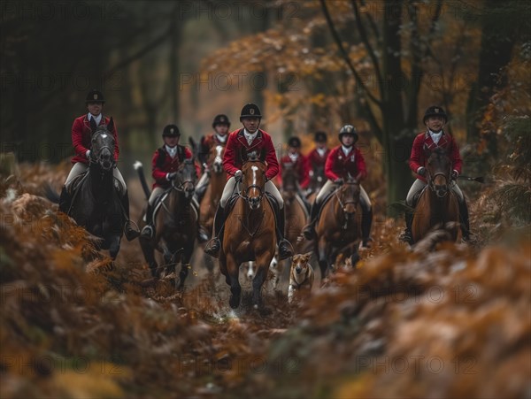 Traditional fox hunting with traditional clothing in England on horseback with dogs over hill and dale, AI generated