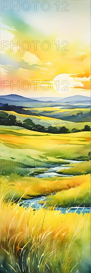 AI generated abstract painting of grasslands under a blazing sunset waves of greens