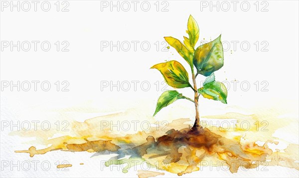 Tree sprout with coins growing from its buds, watercolor illustration on white background AI generated