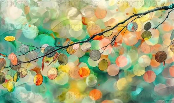 Vibrant watercolor painting of money coins hanging from branches of a tree sprout AI generated