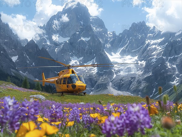 Ein gelber Hubschrauber vor einer atemberaubenden Bergkulisse mit wilden lila Blumen im Vordergrund, Rettungshubschrauber im Einsatz, AI generiert, AI generated