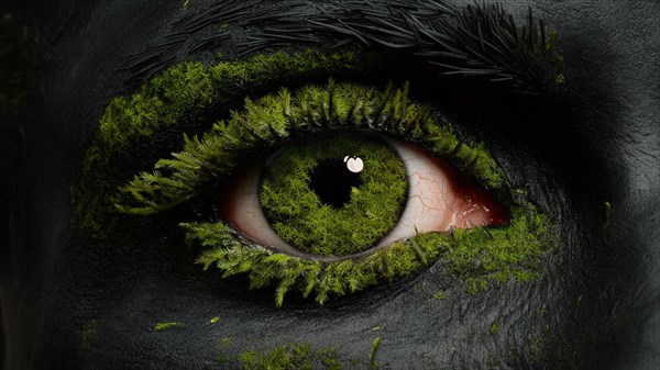 Intense macro shot of a green eye with the surrounding skin and eyelashes covered in moss and black feathers, earth day concept, AI generated