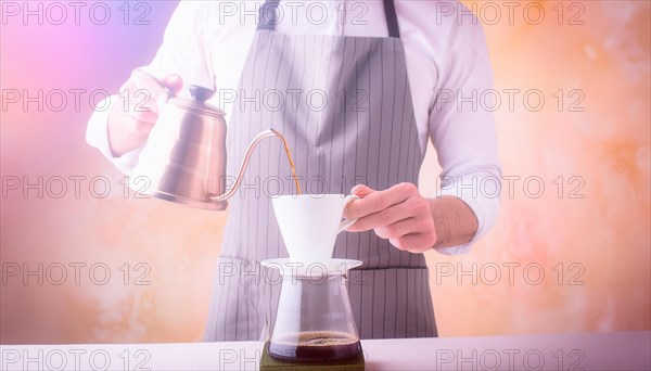 Elegant man in an apron carefully pouring hot water from a kettle into a coffee filter with steam around, horizontal, AI generated
