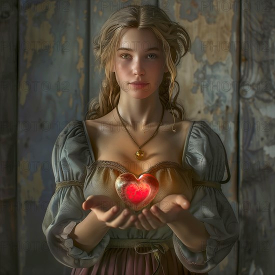 Woman in medieval clothing holds a glowing heart in her hands, AI generated