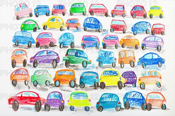 Cars standing in a traffic jam, drawing with coloured pencils by a child of preschool age, primary school age, AI generated, AI generated, AI generated