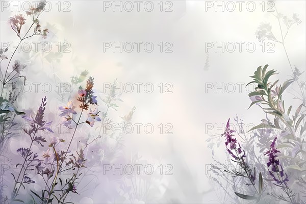 A misty watercolor illustration with soft colored flowers and ethereal feel, illustration, AI generated