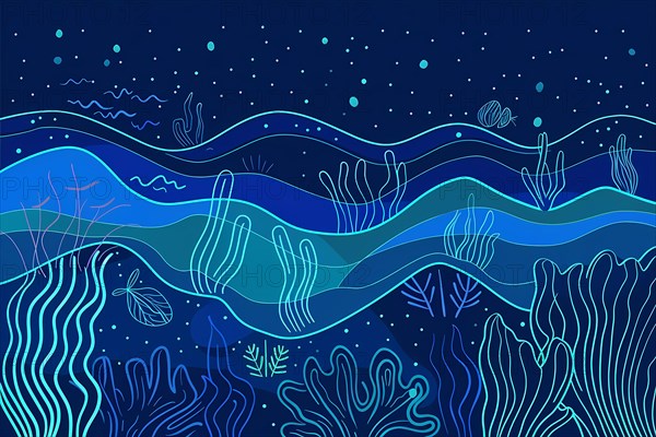 Stylized blue waves and marine life depicting a serene underwater ocean scene, illustration, AI generated
