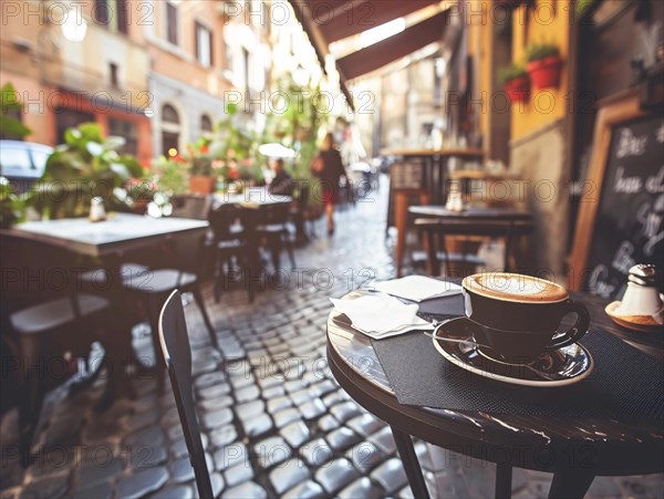 Morning at an outdoor cafe with a coffee cup on the table and a cobbled street in the soft bokeh background, coffee shop, Rome, Italy, AI generated, Europe