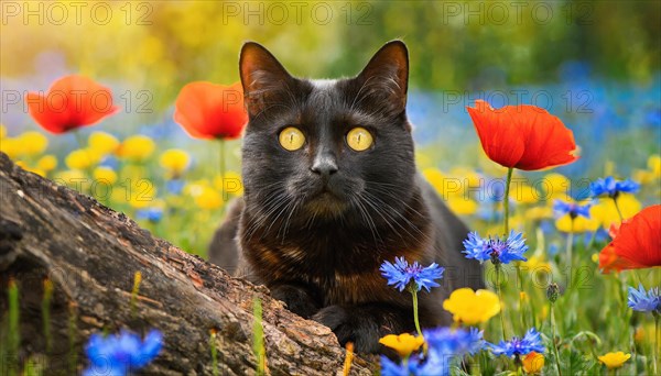 KI generated, animal, animals, mammal, mammals, cat, felidae (Felis catus), lying in a meadow with colourful flowers