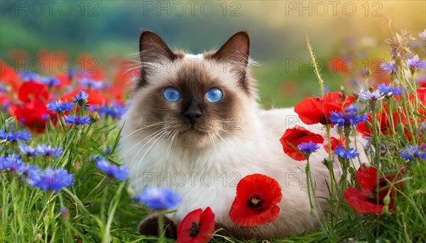 KI generated, animal, animals, mammal, mammals, cat, felidae (Felis catus), a cat lies in a meadow with cornflowers and poppies