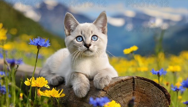 KI generated, animal, animals, mammal, mammals, cat, felidae (Felis catus), a kitten resting in a meadow on a tree trunk