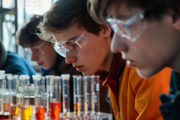 Pupils experimenting in a classroom with safety goggles, chemistry lessons, AI generated, AI generated, AI generated