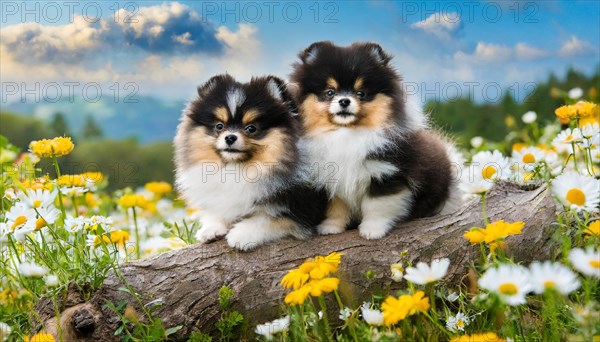 KI generated, animal, animals, mammal, mammals, one, single animal, dwarf spitz, Spitz, (Canis lupus familiaris), dog, dogs, bitch, Pomeranians, two colourful puppies lying on a tree trunk, autumn