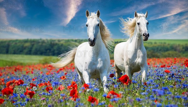 KI generated, A horse, horses, Arabian, in front of a blue sky, thoroughbred Arabian, AV, Arabian thoroughbred, (Eqqus ferus caballus), running in a meadow with colourful flowers