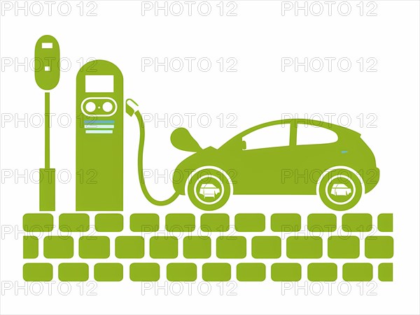 Simple green and white vector graphic of an electric car at a charging point, illustration, AI generated