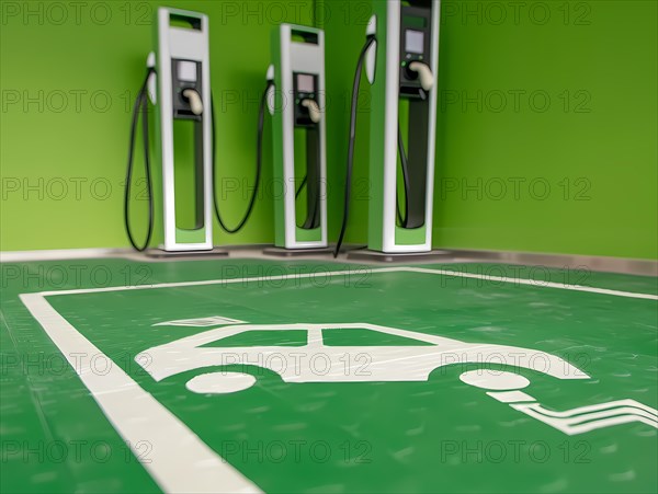 Close-up of electric vehicle charging stations with designated parking and green floor markings, illustration, AI generated