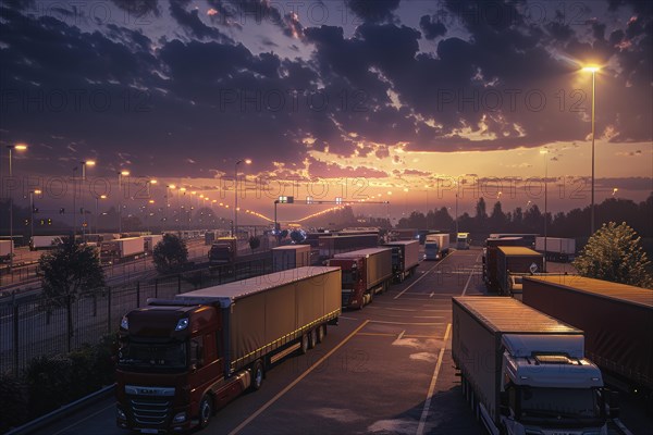 Many trucks in international long-distance traffic park at night, on weekends and over the holidays in a congested, overcrowded motorway service area, symbolic image for precarious parking situation, parking shortage for long-distance drivers, truck drivers, truckers on German motorways, AI generated, AI generated, AI generated