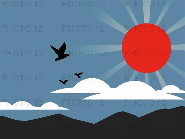 Stylized image showcasing a calm sunrise with birds flying over mountains, illustration, AI generated