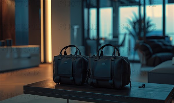Two backpacks with contemporary design on a table, indoor warm lighting AI generated