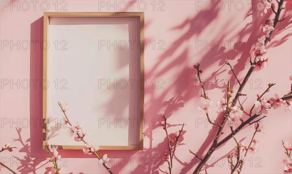 Flat background with blank poster mockup on pink wall AI generated