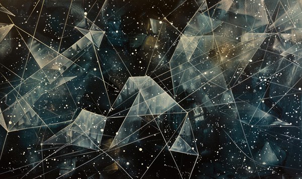 Ethereal mix of monochromatic geometric triangles set against a star-laden backdrop AI generated