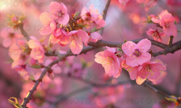 Blooming cherry blossom tree, closeup view, selective focus, bokeh AI generated