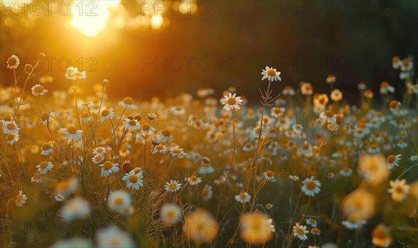 Chamomile field at golden hour, spring nature background AI generated