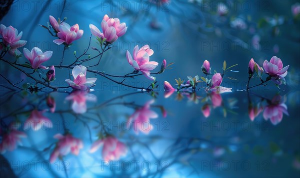 Magnolia blossoms reflected in the still waters of a tranquil pond. Magnolia blossoms touch water surface AI generated