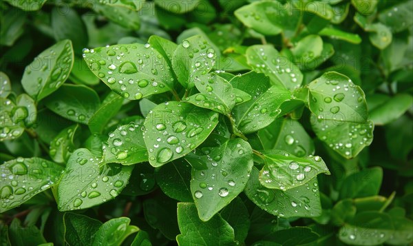 Raindrops on fresh green leaves, close up view of spring green leaves, nature background AI generated