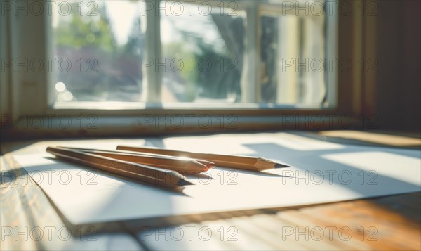 Graphite pencils and white paper illuminated by natural through a window AI generated