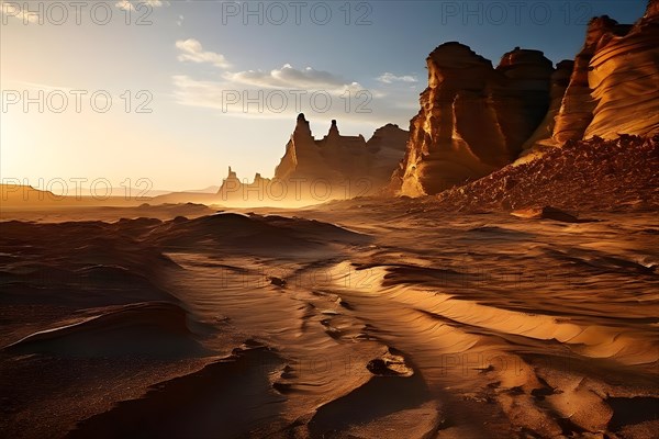 Patagonian desert landscape with powerful wind shaping landforms isolated rock formations, AI generated