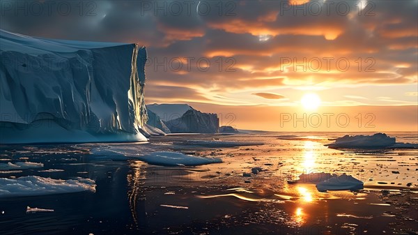 Antarctic ice shelf stretching to the horizon juxtaposed by towering icebergs, AI generated