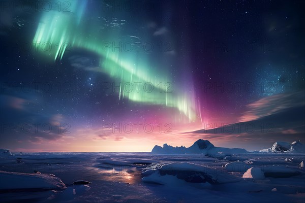 Aurora borealis casting its vibrant show over a sprawling ice field, AI generated