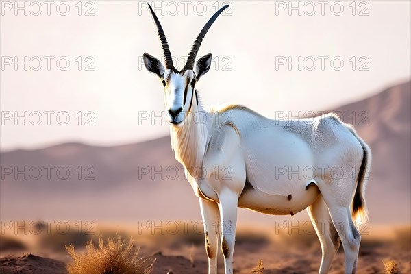 Arabian oryx with its long straight horns white coat shimmering in desert sun, AI generated